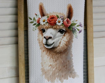 Watercolor Alpaca Waffle Tea Towel: Farmhouse Kitchen Decor