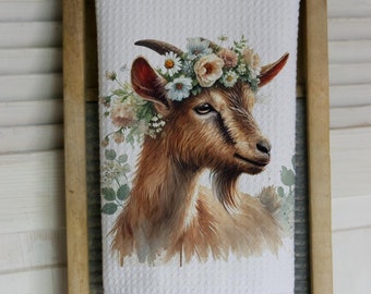 Farmhouse Waffle Tea Towel: Watercolor Goat with Flowers