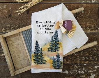 Waffle Tea Towel & Dish Brush Gift Set Farmhouse Kitchen Decor Mountain Theme Pine Tree Housewarming Gift Hostess Gift for Loved Ones