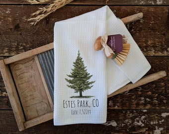 Custom Mountain Pine Tree Waffle Tea Towel, Colorado Cabin Decor, Town, State, Elevation