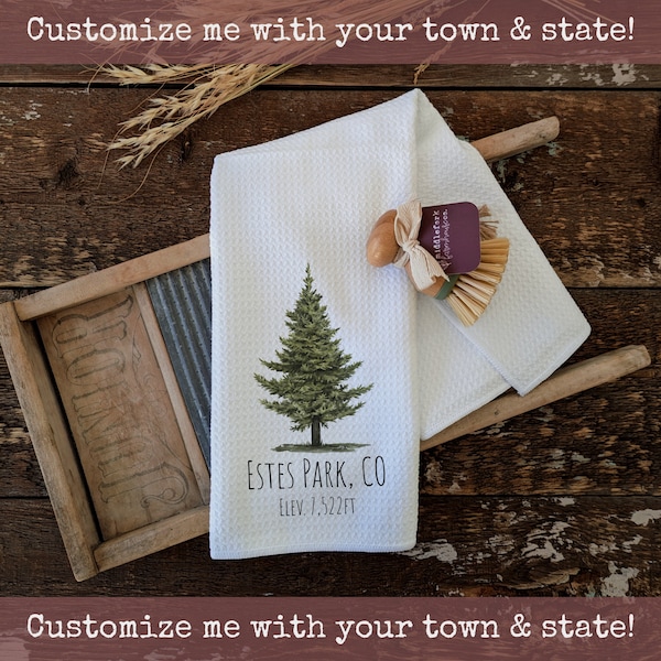Customized Waffle Tea Towels, Kitchen Towels, Dish Towel, Mountain Themed Housewarming Gift, pine tree, Colorado town name and elevation