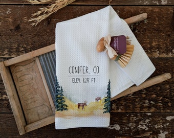 Custom Colorado Town Name Waffle Kitchen Towel: Mountain Moose Design