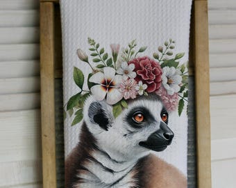 Watercolor Lemur Waffle Tea Towel: Farmhouse Kitchen Decor