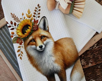 Watercolor Fox Waffle Tea Towel: Fall Flower Farmhouse Kitchen Decor
