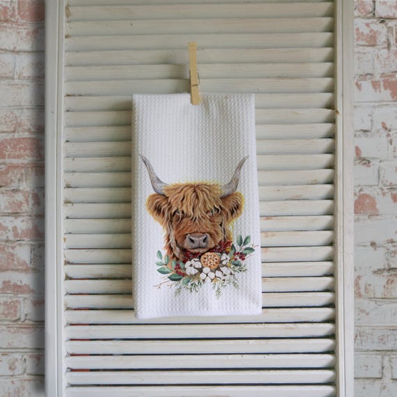 Highland Cow Hairy Coo Waffle Tea Towel: Farmhouse Kitchen Decor