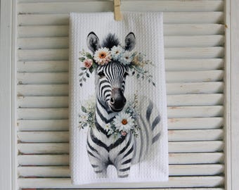 Watercolor Zebra Waffle Tea Towel: Pastel Floral Farmhouse Decor