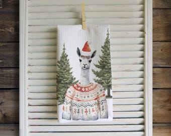 Christmas Llama Holiday Waffle Tea Towel: Farmhouse Kitchen Gift