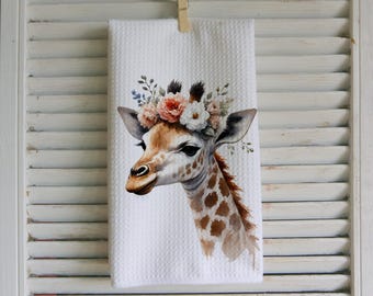 Watercolor Giraffe Waffle Tea Towel: Farmhouse Kitchen Decor