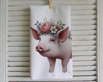 Farmhouse Pig Kitchen Towel: Watercolor Floral Waffle Weave