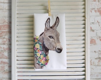 Farmhouse Donkey Tea Towel: Floral Watercolor Kitchen Decor