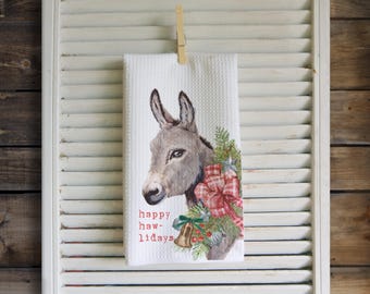 Christmas Donkey Happy Holidays Waffle Tea Towel: Farmhouse Kitchen Gift
