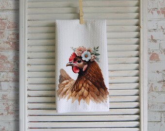 Farmhouse Chicken Tea Towel: Flower Crown Decor, Kitchen Gift