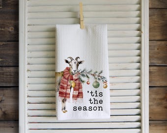 Christmas Goat Holiday Waffle Tea Towel: Farmhouse Kitchen Gift