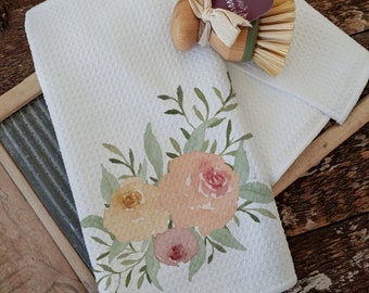 Waffle Tea Towel Kitchen Gifts Hand Towels, Dish Towel Floral Watercolor Roses Farmhouse Flowers Kitchen Decor