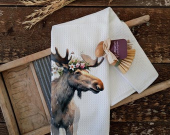 Watercolor Moose Waffle Tea Towel: Farmhouse Kitchen Decor