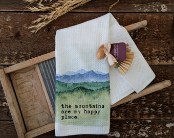 Waffle Tea Towels, Kitchen Towels, Dish Towel, Mountain Themed Housewarming Gift, Painted mountain landscape, mountains are my happy place