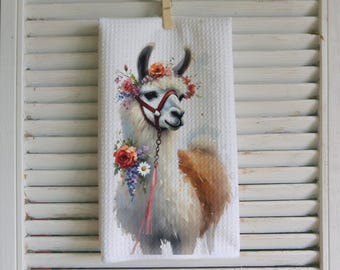 Watercolor Llama Waffle Tea Towel: Farmhouse Kitchen Decor