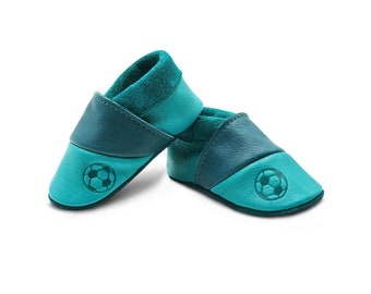 Baby shoes with football for babies | First walkers made of cowhide leather | Eco-leather vegetable tanned | Slippers in turquoise | Size 16 to 25