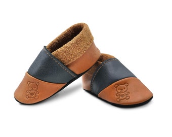 Teddy bear slippers for boys | Eco-leather shoes | Vegetable tanned cowhide | Breathable baby shoes | Barefoot shoes 16 to 25 | Brown