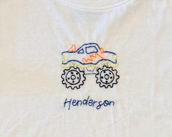 Hand Embroidered Toddler Shirt: Monster Truck