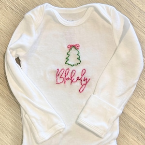 Hand Embroidered Christmas Tree Onesie, Personalized Baby Girl Shirt