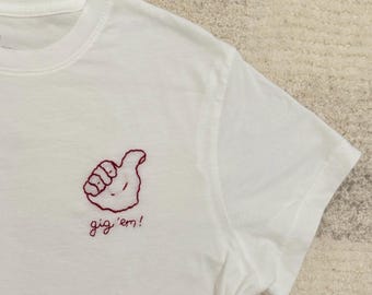 Hand Embroidered Adult T-Shirt: Custom College Hand Sign / Mascot