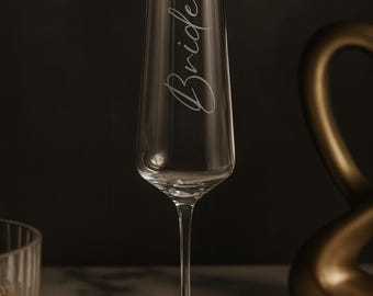 Bride Engraved Champagne Flute | Elegant Wedding Toasting Glass | Custom Engraved Wedding Gift | Bachelorette Gifting | Wedding Keepsake