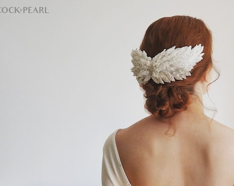 Wings Bridal Headpiece | Silver Fascinator | White Feather Embellished Wedding Headpiece | Beaded Hair Comb | Millinery