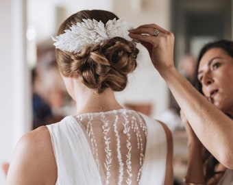 Wings Bridal Headpiece | Silver Fascinator | White Feather Embellished Wedding Headpiece | Beaded Hair Comb | Millinery