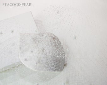 Bridal Wedding Headpiece | White Birdcage Veil | Satin Fascinator | White Hair Comb | Spotted Bridal Hat