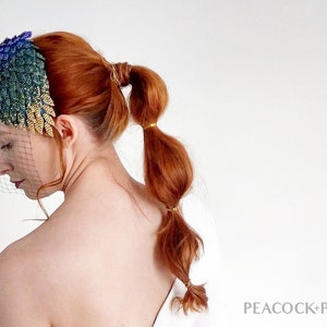 Bridal Birdcage Veil | Peacock Fascinator | Embellished Wedding Headpiece | Beaded Hair Comb | Purple, Blue, Green & Gold Mini Hat