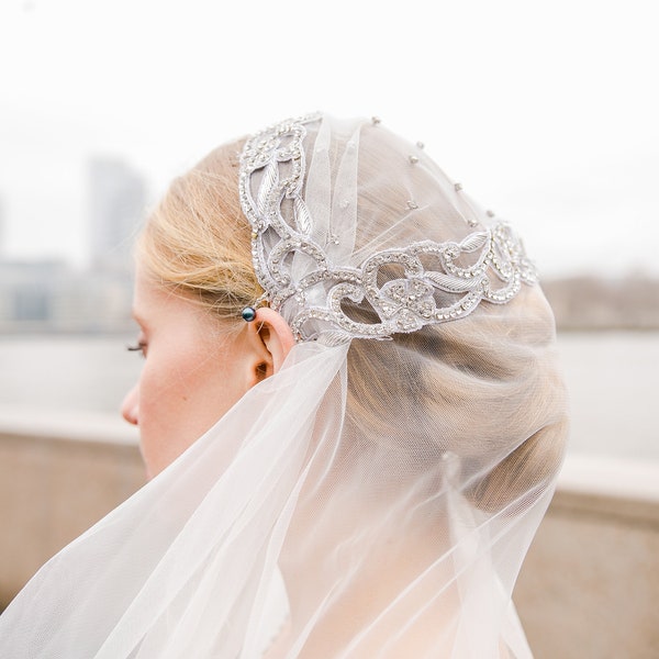 Art Deco Cap Veil | Silver & White Bridal | Crystal Floral Wedding Veil | Glam Bride