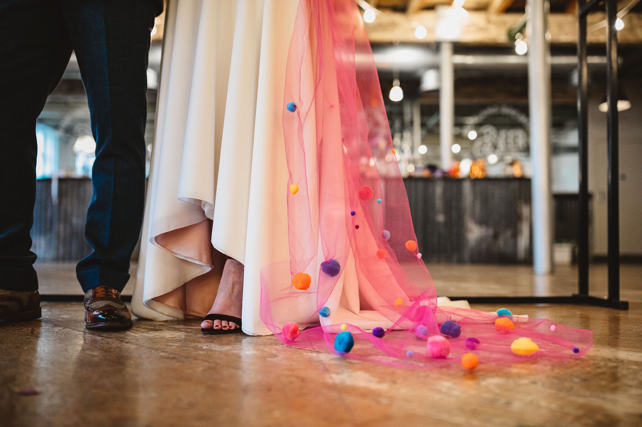 Pink Pom Pom Veil Bright Fun Wedding 