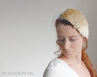Bridal Birdcage Veil Fascinator | Embellished Wedding Headpiece | Beaded Hair Comb | Gold & White Fascinator Hat