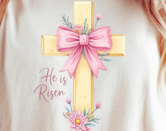 He Is Risen Easter T-Shirt Design | Christian PNG Sublimation | Floral Cross Digital Download for Shirts & Merch