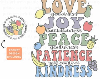 May include: A colorful graphic design featuring the words "Love, Goodness, Joy, Faithfulness, Peace, Gentleness, Patience, Self-Control, Kindness" with fruit illustrations.