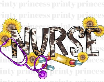May include: A brown and white cow print "NURSE" graphic with a purple stethoscope, sunflowers, and medical supplies.