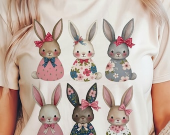 Floral Bunny TShirt Design PNG, Cute Easter Rabbit Shirt Sublimation, Spring Bunny Clipart, Digital Download, Vintage Coquette Bunny Tee Art