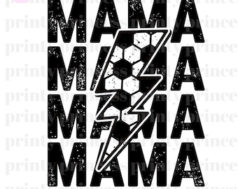 May include: Black and white graphic design with the word "MAMA" repeated four times. A lightning bolt with a soccer ball inside is centered between the words.