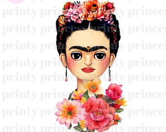 May include: A cartoon illustration of Frida Kahlo with a unibrow and a flower crown. She is wearing a black dress and has a bouquet of pink, yellow, and orange flowers in front of her.