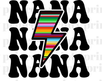 May include: A graphic design featuring the word "NANA" three times in a retro font with a colorful lightning bolt in the center. The lightning bolt is striped with pink, green, yellow, orange, and blue.