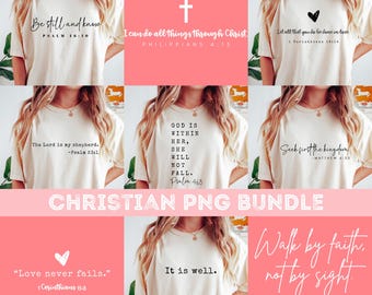May include: A digital bundle of 10 Christian-themed t-shirt designs featuring inspirational quotes and scripture verses. The designs are in black text on a white background.
