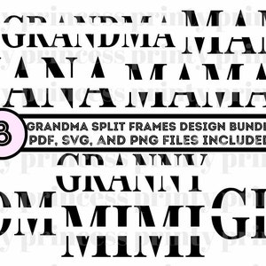 Puede incluir: Una descarga digital de 8 diseños de marcos divididos para Abuela, Mamá, Nana, Mimi, Gigi, Mamá y Abuela. Los diseños son en blanco y negro y son perfectos para crear regalos personalizados.