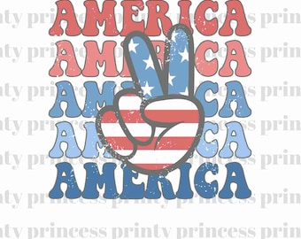 May include: A digital graphic design featuring the word "AMERICA" repeated five times in a vintage style font with a distressed, faded look. The word is in red, white, and blue colors. A peace sign with the American flag design is in the center of the graphic.