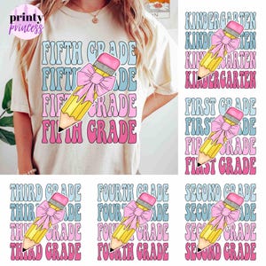May include: A set of 10 iron-on transfers featuring a yellow pencil with a pink bow and the words "Kindergarten", "First Grade", "Second Grade", "Third Grade", "Fourth Grade", and "Fifth Grade" in a retro font. The text is in pink and blue.