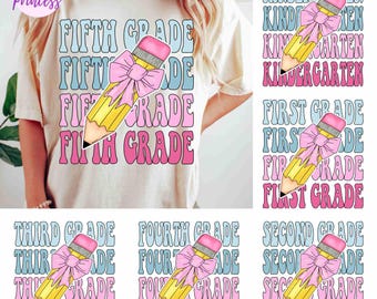 Zurück in der Schule Sublimation PNG Bundle, Hand gezeichnet Download, Erster Schultag, Bleistift Bogen, Mädchen Kokette Design, Trendy