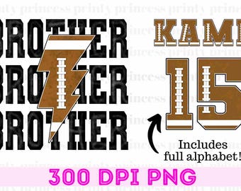 May include: A digital graphic design featuring the words "BROTHER" three times in black text with a brown football-shaped lightning bolt in between each word. The graphic also includes a brown football-shaped number "15" with white stitching and the word "KAMP" in brown text with white stitching.