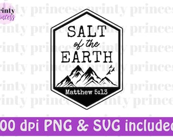 May include: Black and white graphic design with a hexagonal shape. The design features a mountain range with birds flying above, the text "SALT of the EARTH" and the scripture reference "Matthew 5:13".