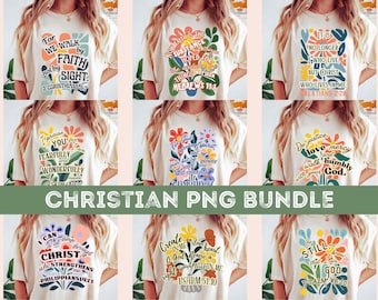 May include: A collection of cream-colored t-shirts with colorful floral designs and inspirational Christian quotes. The text includes Bible verses and phrases like "For We Walk by Faith" and "Do Justice, Love Mercy."