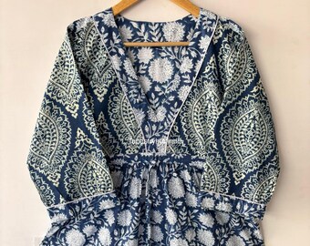 New Indigo Patchwork Dress, Indigo Floral Dress, Long Cotton Dress, Kitty Printed Cotton Dresses